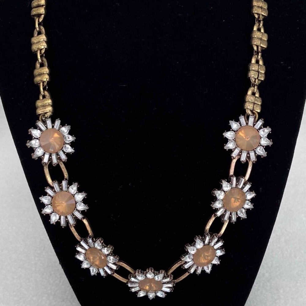 Gold-tone Vintage Floral Statement Necklace with Amber and Rhinestone Accents